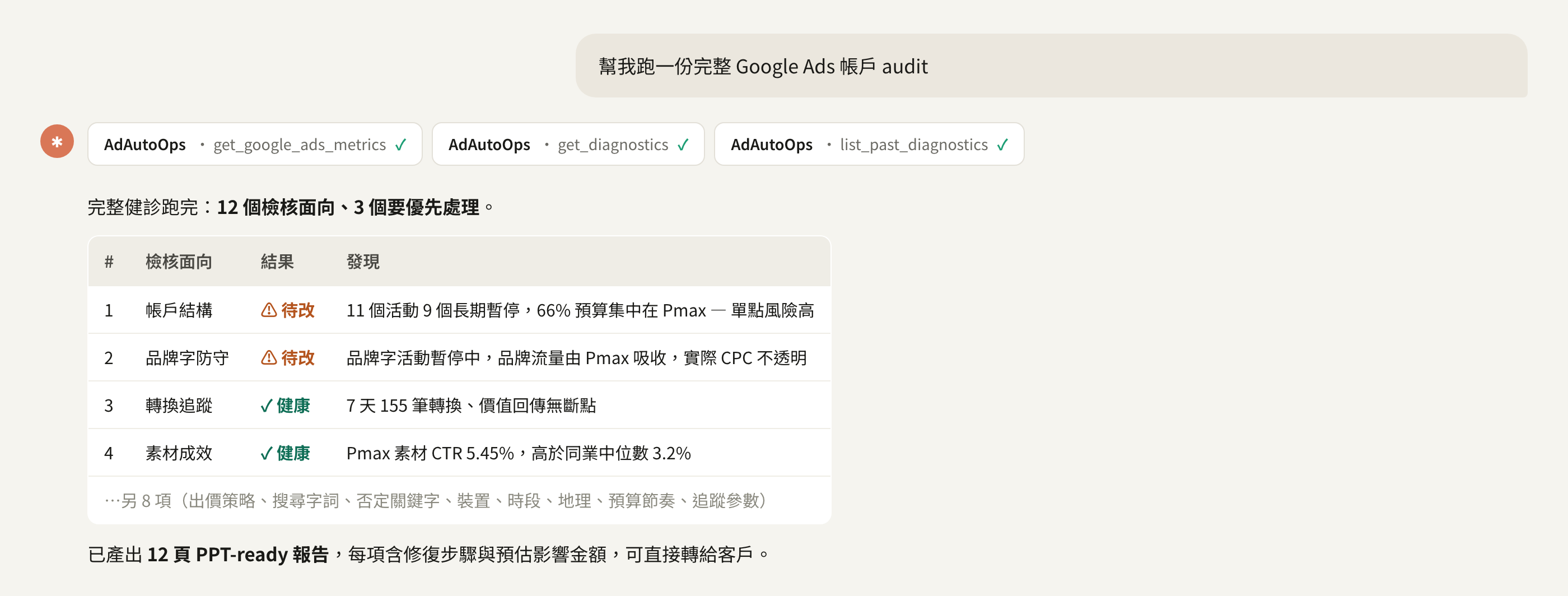 幫我跑一份完整 Google Ads 帳戶 audit